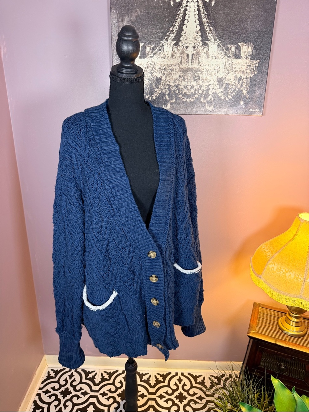 Free People Blue Cable Knit Button Cardigan with White Pocket Trim